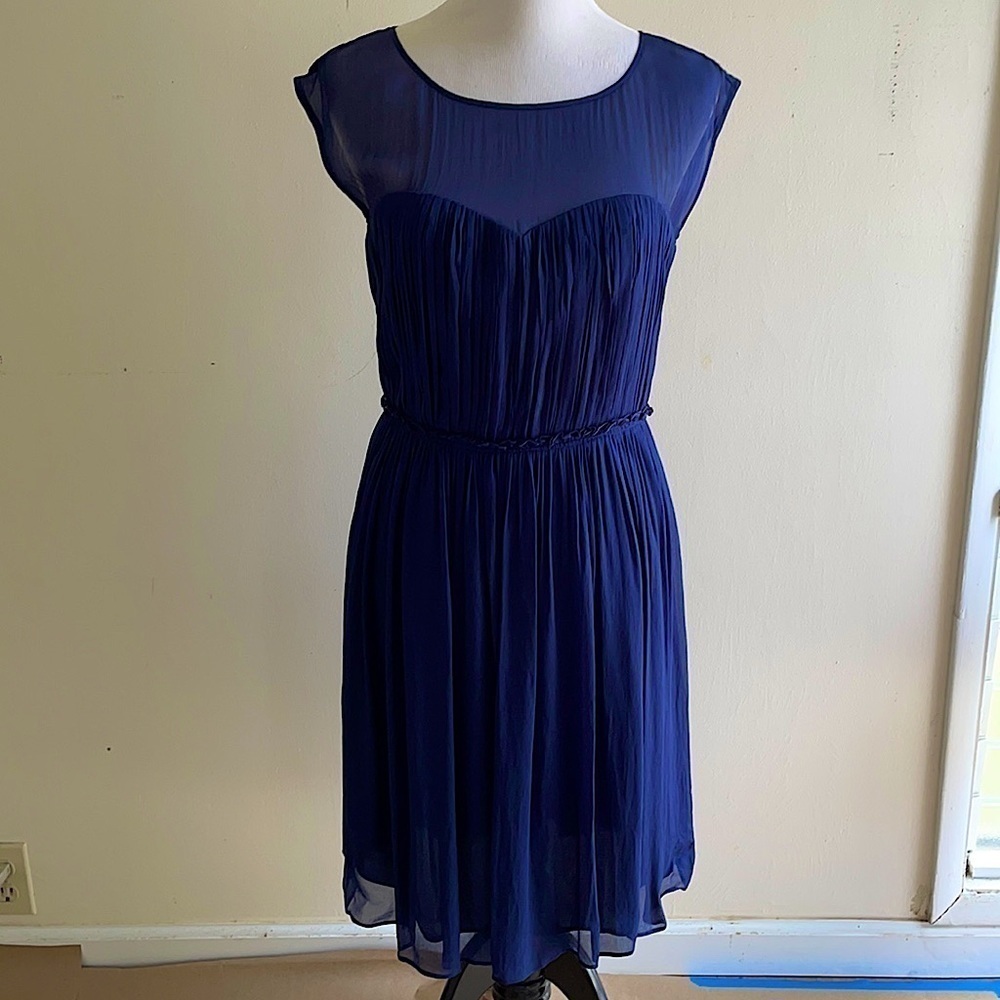 Boden navy blue chiffon fit and flare illusion neckline dress knee length